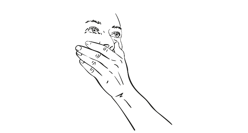 Zu sehen ist eine in schwarz-weiß gezeichnete Frau, die sprachlos ihre Hand vor dem Mund schlägt.